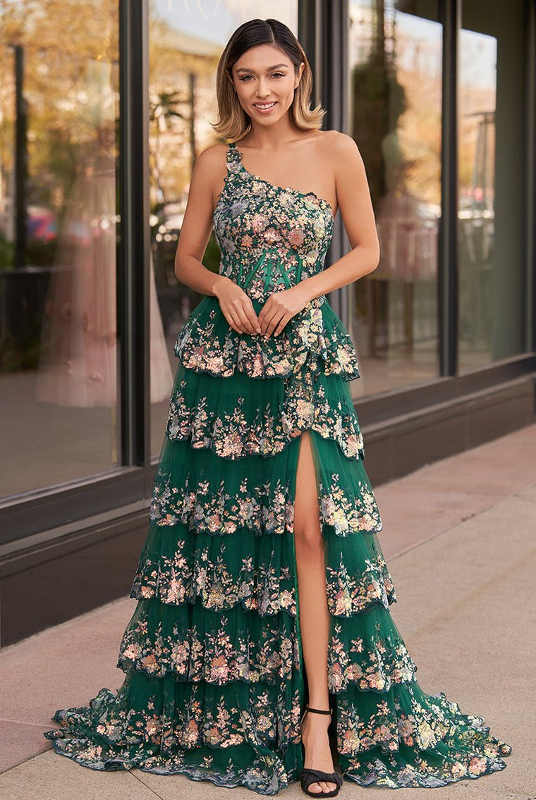 KissProm-Livia Green Sheath One Shoulder Tiered Lace Long Prom Dress