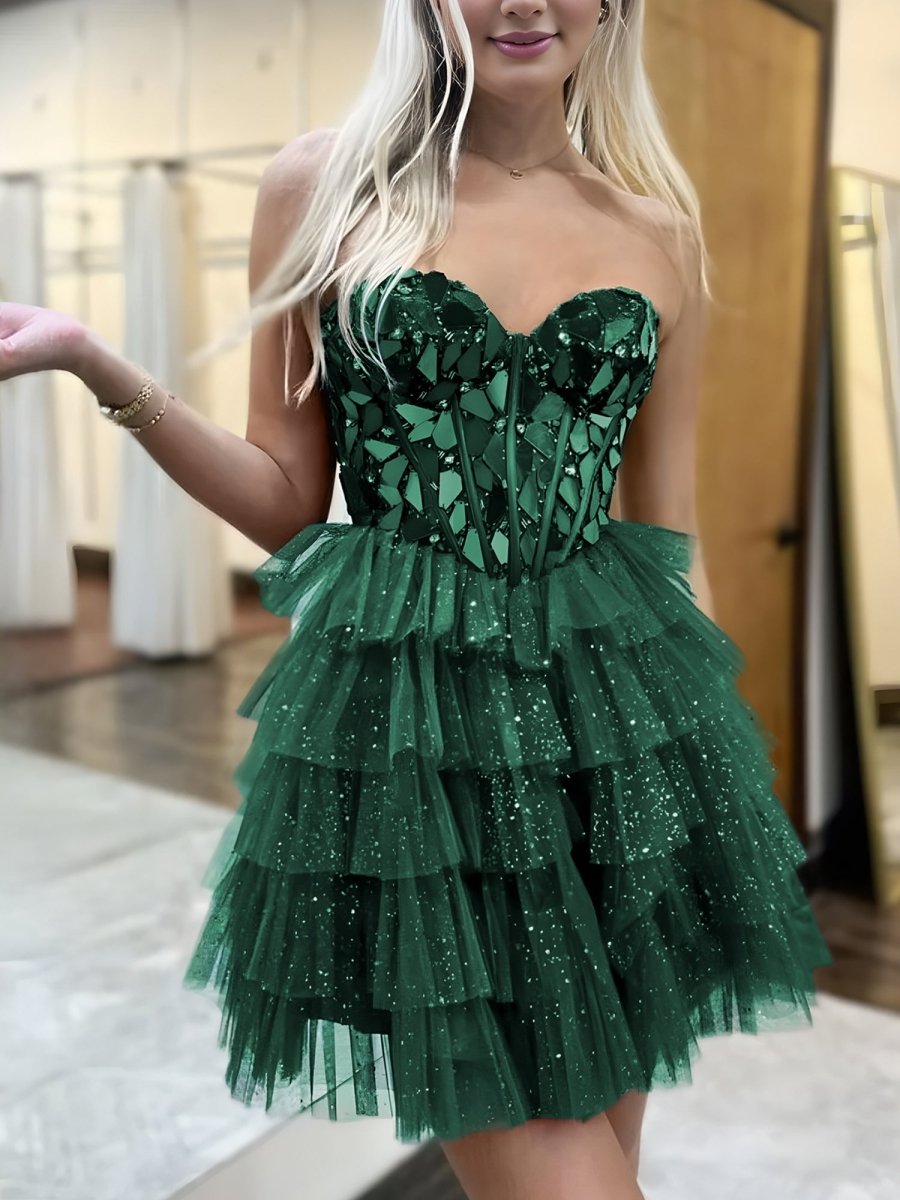 Sparkly Champagne Sweetheart A-Line Tulle Tiered Homecoming Dress