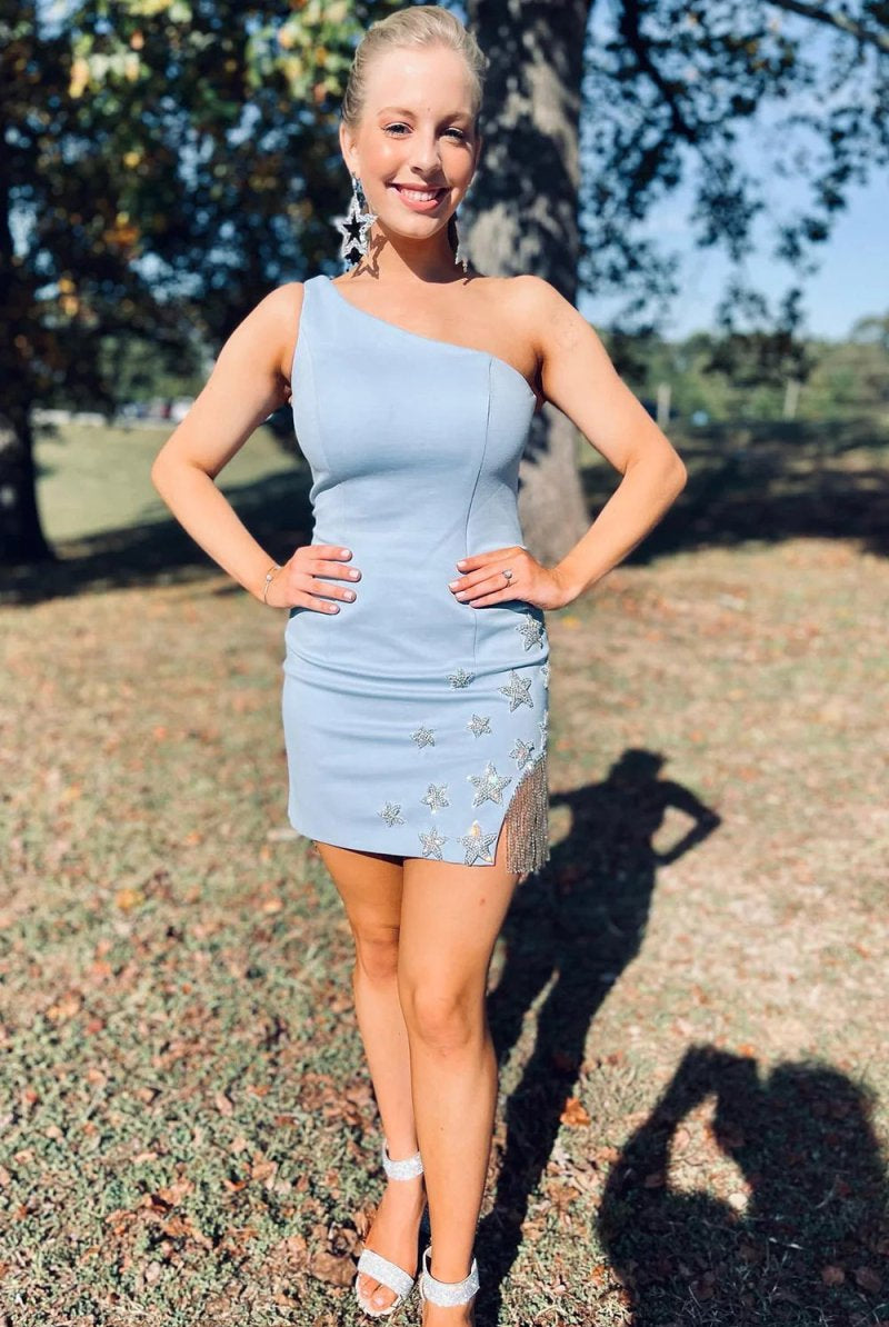 Sybilla | Sparkly Light Blue One Shoulder Stars Tight Short Homecoming Dress with Fringes