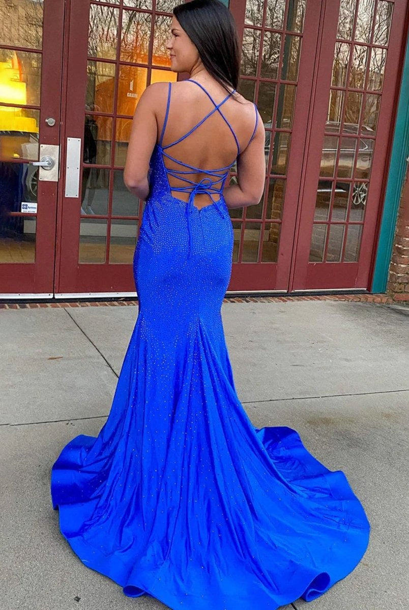 Lilly |Sparkly Mermaid V Neck Beaded Satin Long Prom Dress