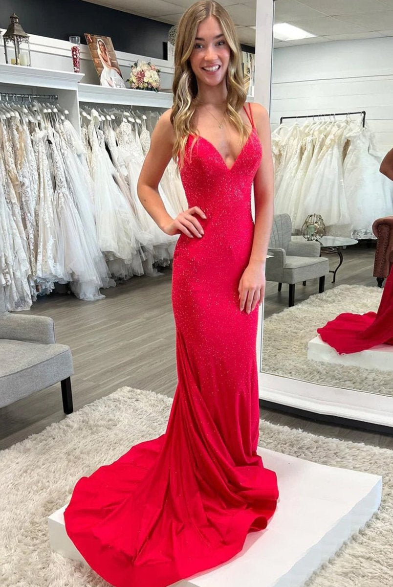 Lilly |Sparkly Mermaid V Neck Beaded Satin Long Prom Dress