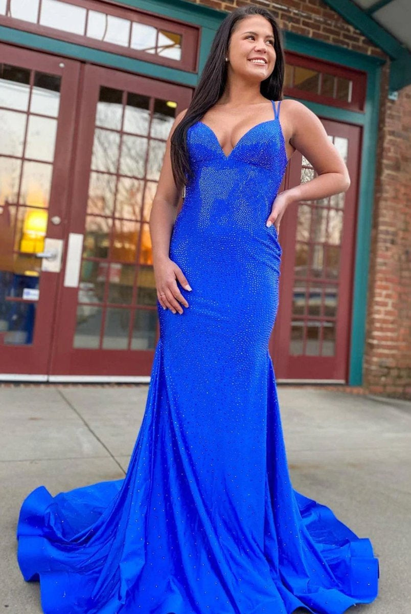 Lilly |Sparkly Mermaid V Neck Beaded Satin Long Prom Dress