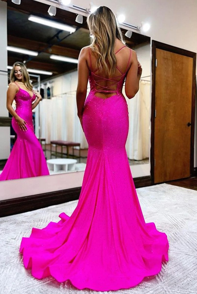 Lilly |Sparkly Mermaid V Neck Beaded Satin Long Prom Dress