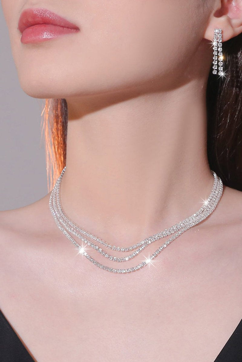 Sparkly Multilayer Thin Rhinestone Necklace And Earrings Set - KissProm