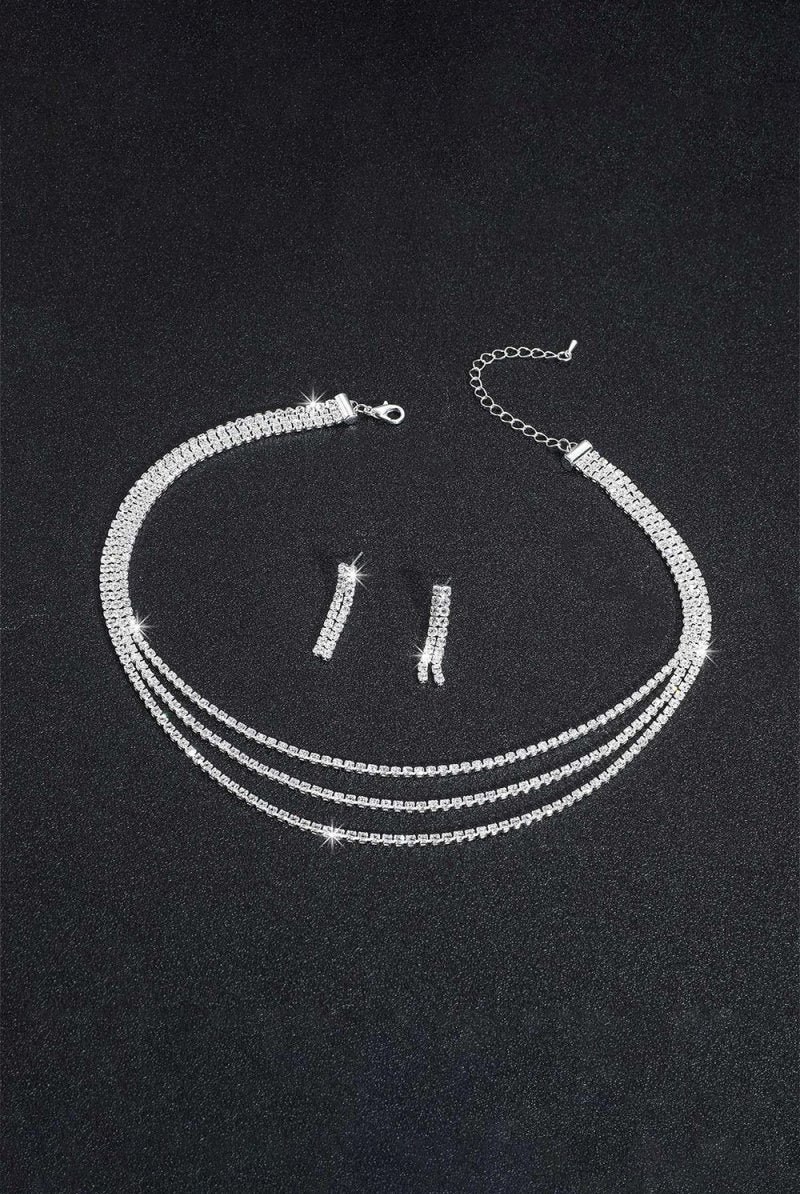 Sparkly Multilayer Thin Rhinestone Necklace And Earrings Set - KissProm