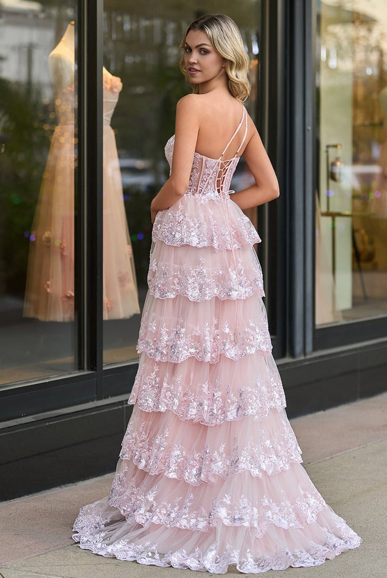 KissProm-Livia Pink Sheath One Shoulder Tiered Lace Long Prom Dress