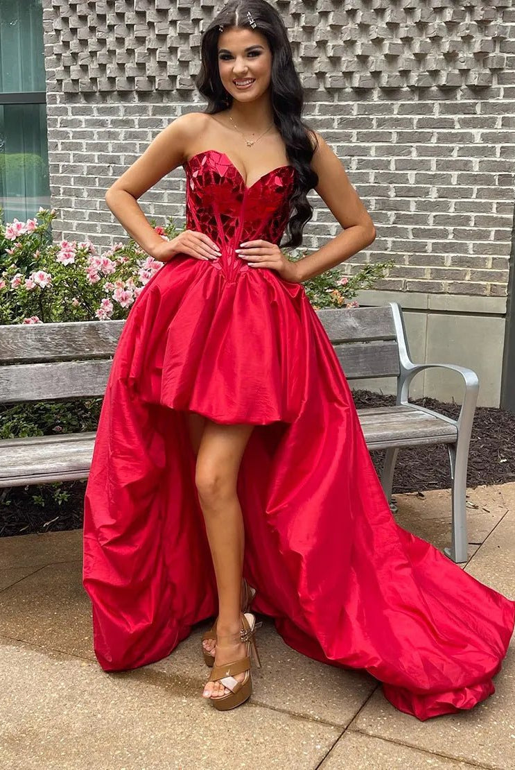 Sparkly Red Strapless Mirror High-Low Homecoming Dress