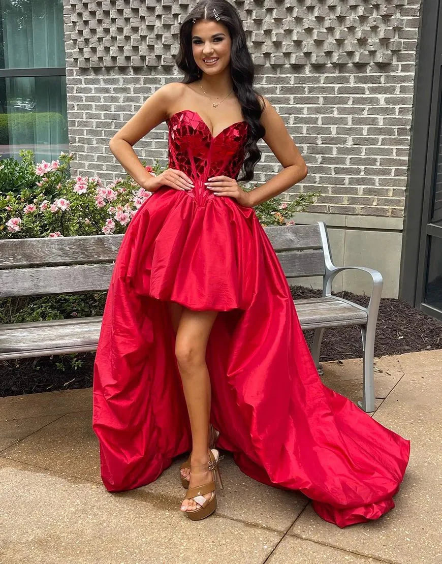 Sparkly Red Sweetheart Mirror High-Low Homecoming Dress Red / 16 Sparkly Red Sweetheart Mirror High-Low Homecoming Dress Red / 16
