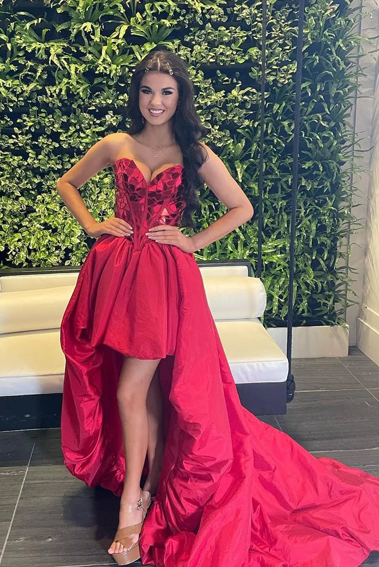 Sparkly Red Strapless Mirror High-Low Homecoming Dress