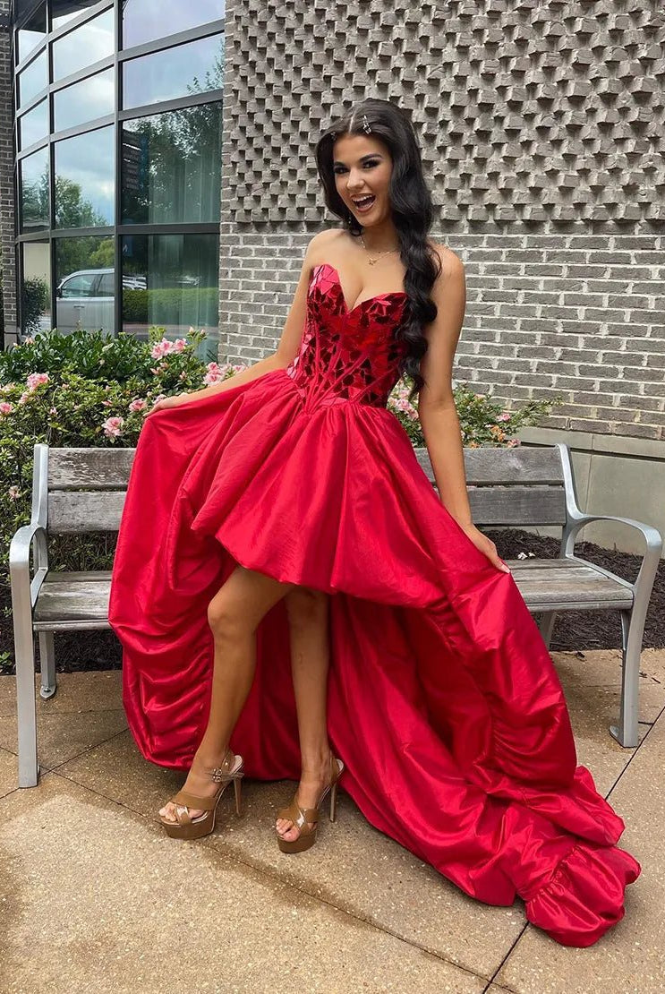 Sparkly Red Strapless Mirror High-Low Homecoming Dress