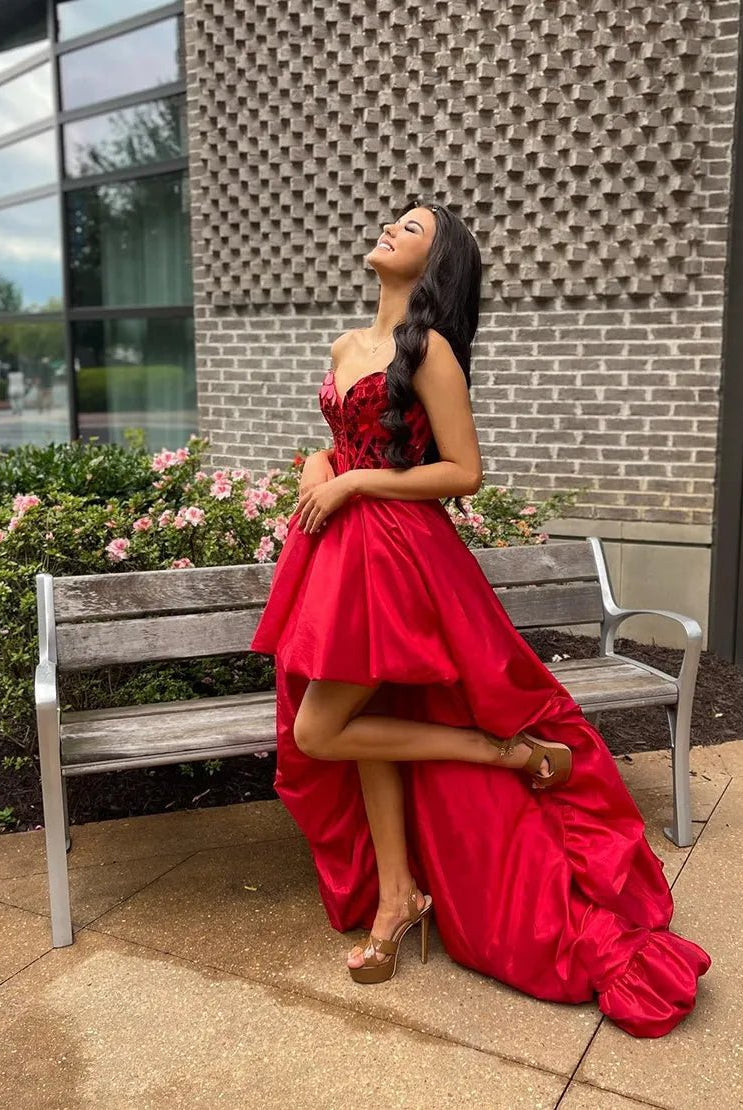 Sparkly Red Strapless Mirror High-Low Homecoming Dress