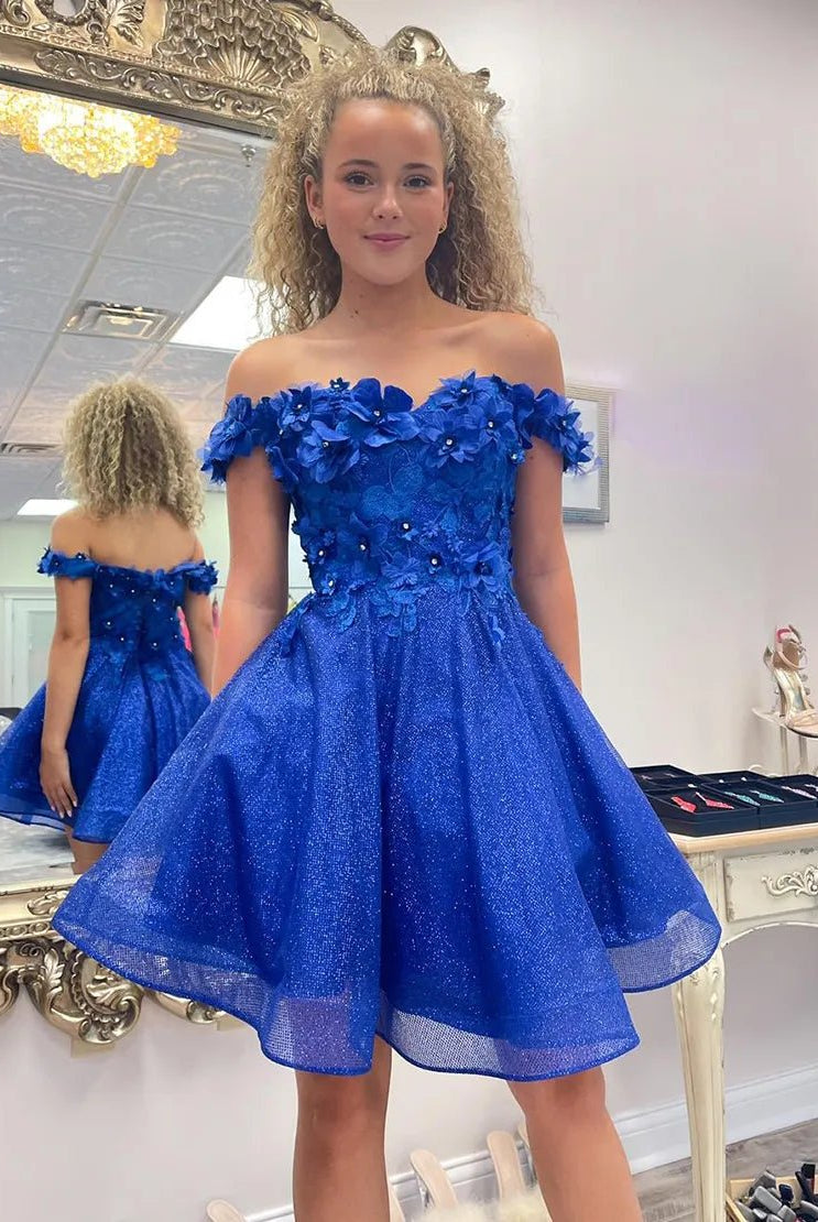Sparkly Royal Blue A - Line Off the Shoulder Beaded Flowers Homecoming Dress - KissProm