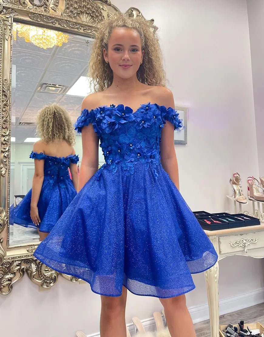 Sparkly Royal Blue A - Line Off the Shoulder Beaded Flowers Homecoming Dress - KissProm