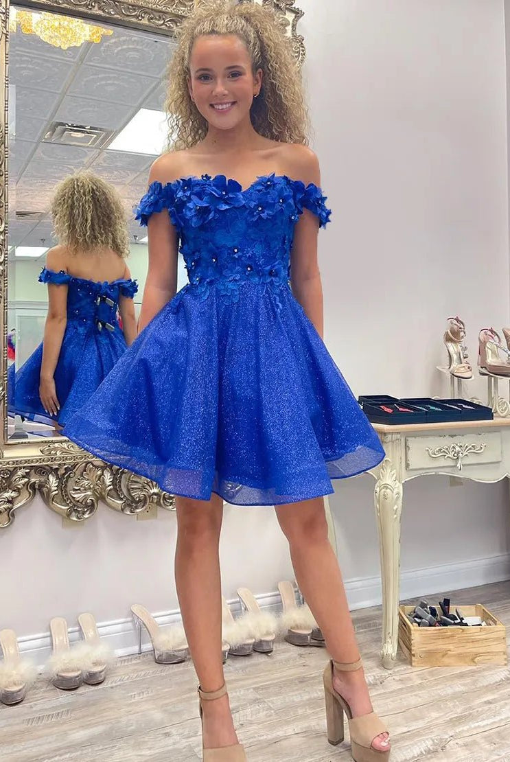 Sparkly Royal Blue A - Line Off the Shoulder Beaded Flowers Homecoming Dress - KissProm