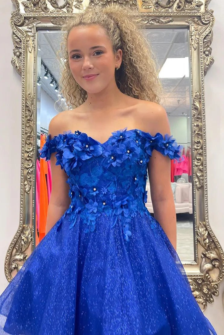 Sparkly Royal Blue A - Line Off the Shoulder Beaded Flowers Homecoming Dress - KissProm