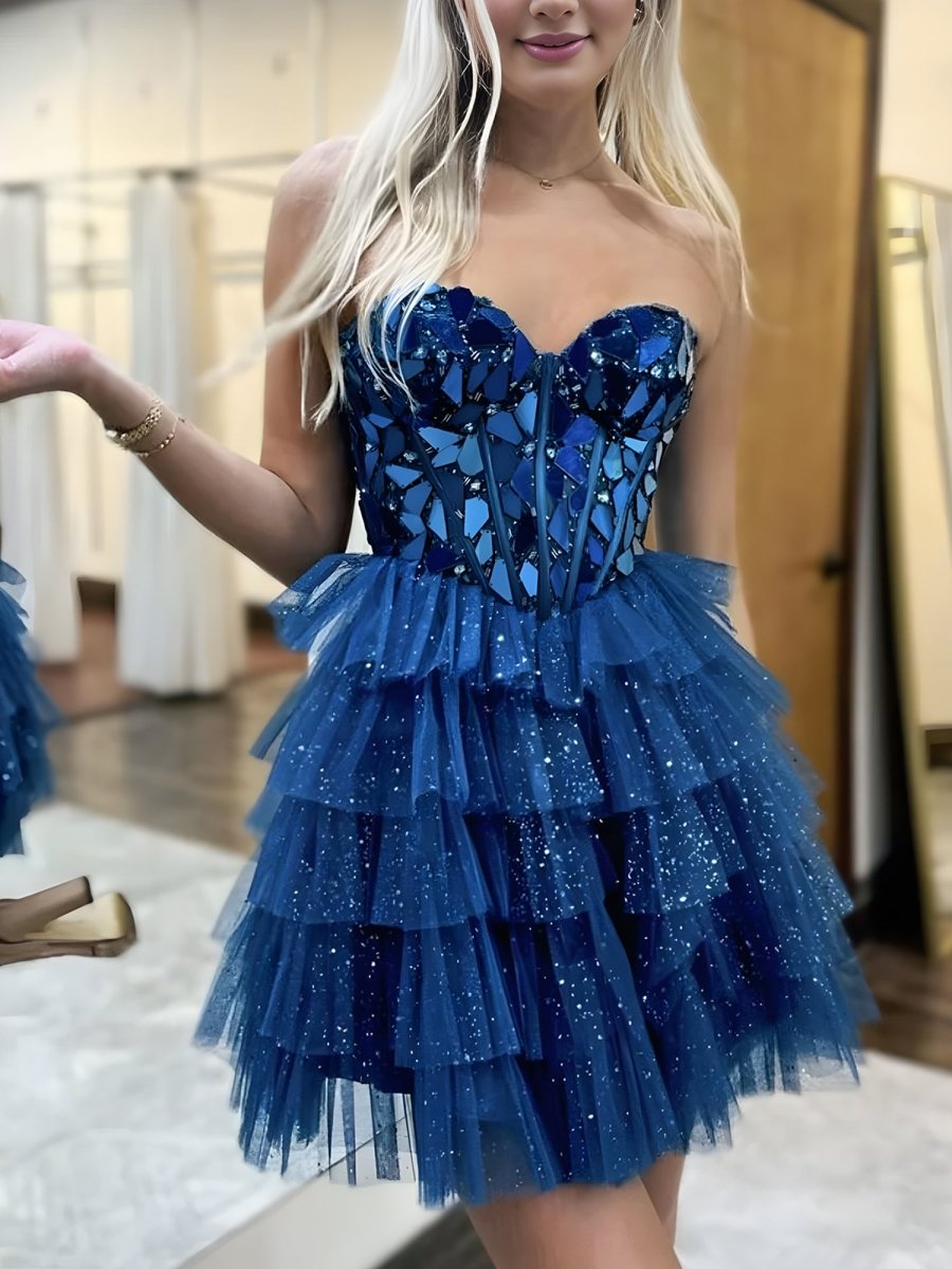 Sparkly Champagne Sweetheart A-Line Tulle Tiered Homecoming Dress