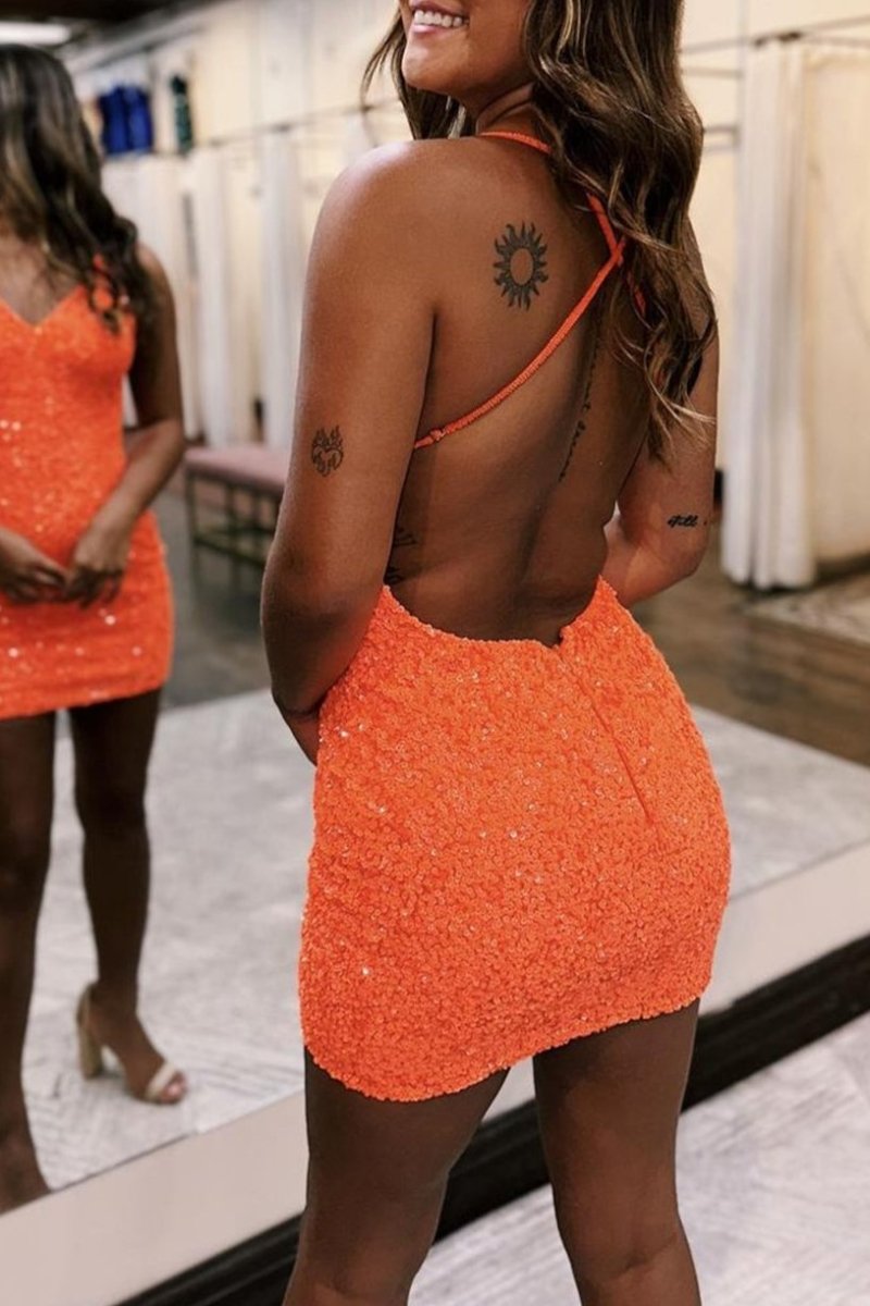 Sparkly Sky Blue Spagehetti Straps Sequins Open Back Homecoming Dress