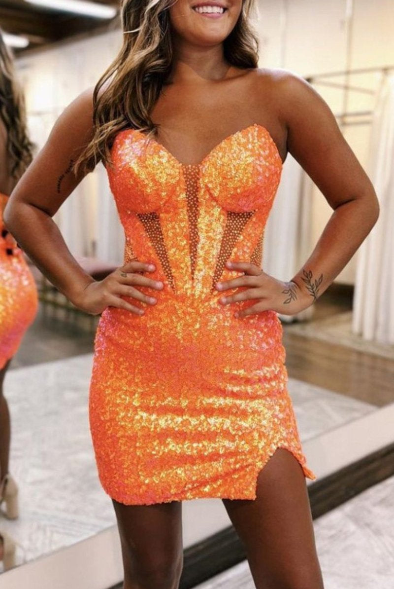 Hillary | Sparkly Strapless Bodycon Sequin Short Homecoming Dress with Slit