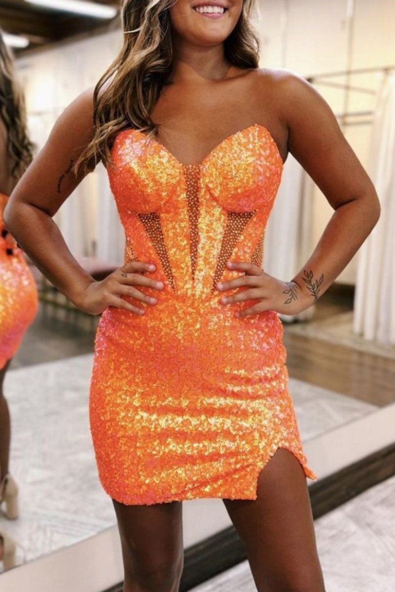 Hillary | Sparkly Strapless Bodycon Sequin Short Homecoming Dress with Slit
