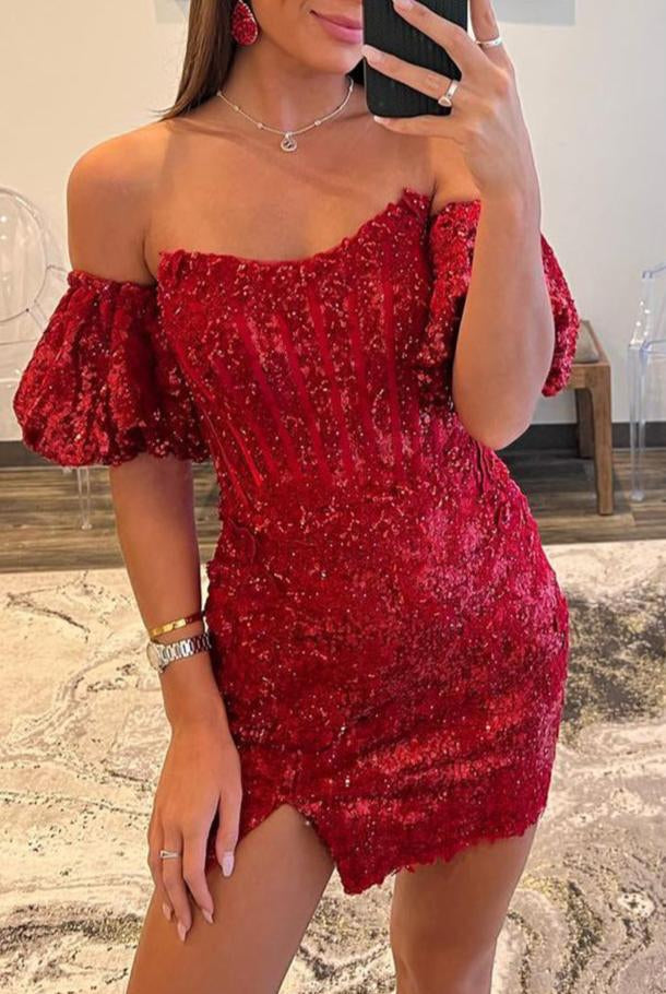 Sheath/Column Detachable Sleeves Sequins Burgundy Short Homecoming Dress