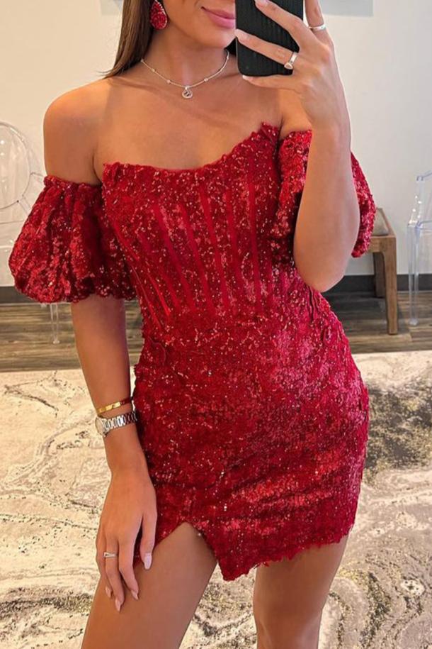 Sheath/Column Detachable Sleeves Sequins Burgundy Short Homecoming Dress