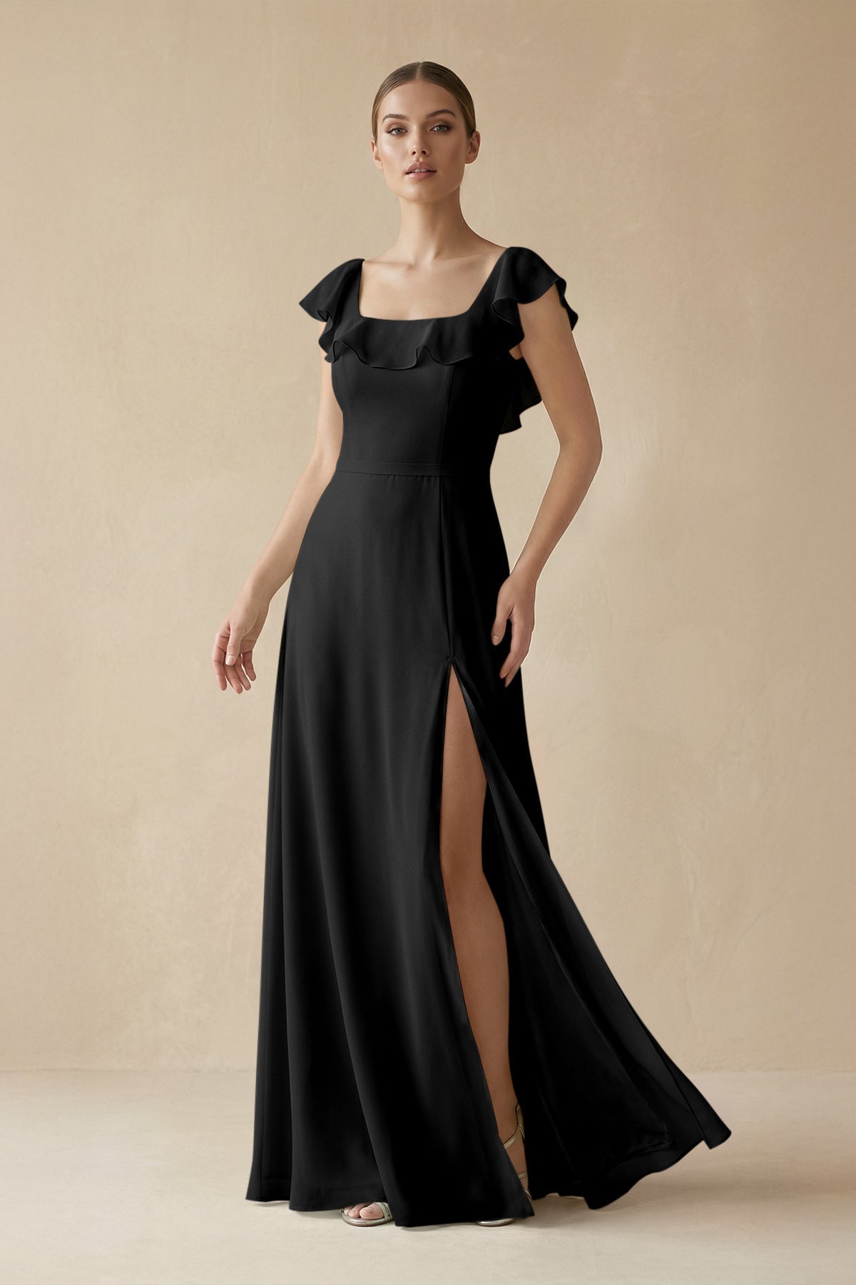 KissProm Square Neck A-Line Bridesmaid Dress with Ruffles in Black, Black / 26