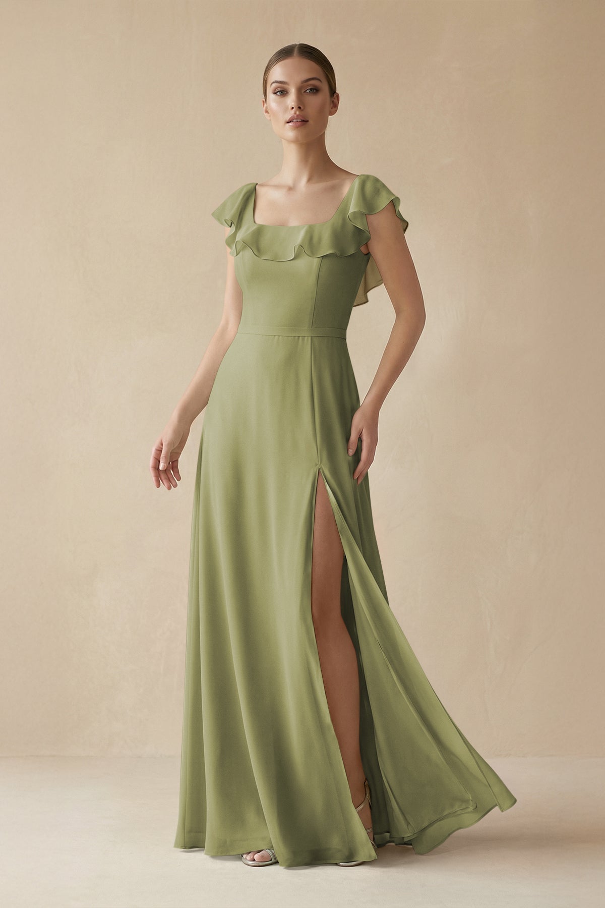 ruffle bridesmaid dress KissProm Square Neck A-Line with Ruffles in Moss Green, Moss Green / 14 line Ruching Chiffon Maxi Carl shirt in beige Color:As picture Ivory AL:3526