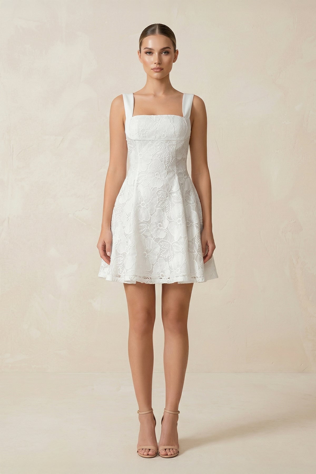 Square Neck A-Line Lace Mini Wedding Dress in White, White / Custom Size( Free )