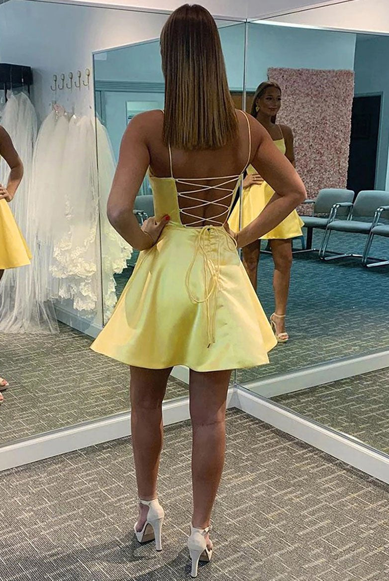 Avalon | Square Neck A Line Sleeveless Satin Short Homecoming Dress