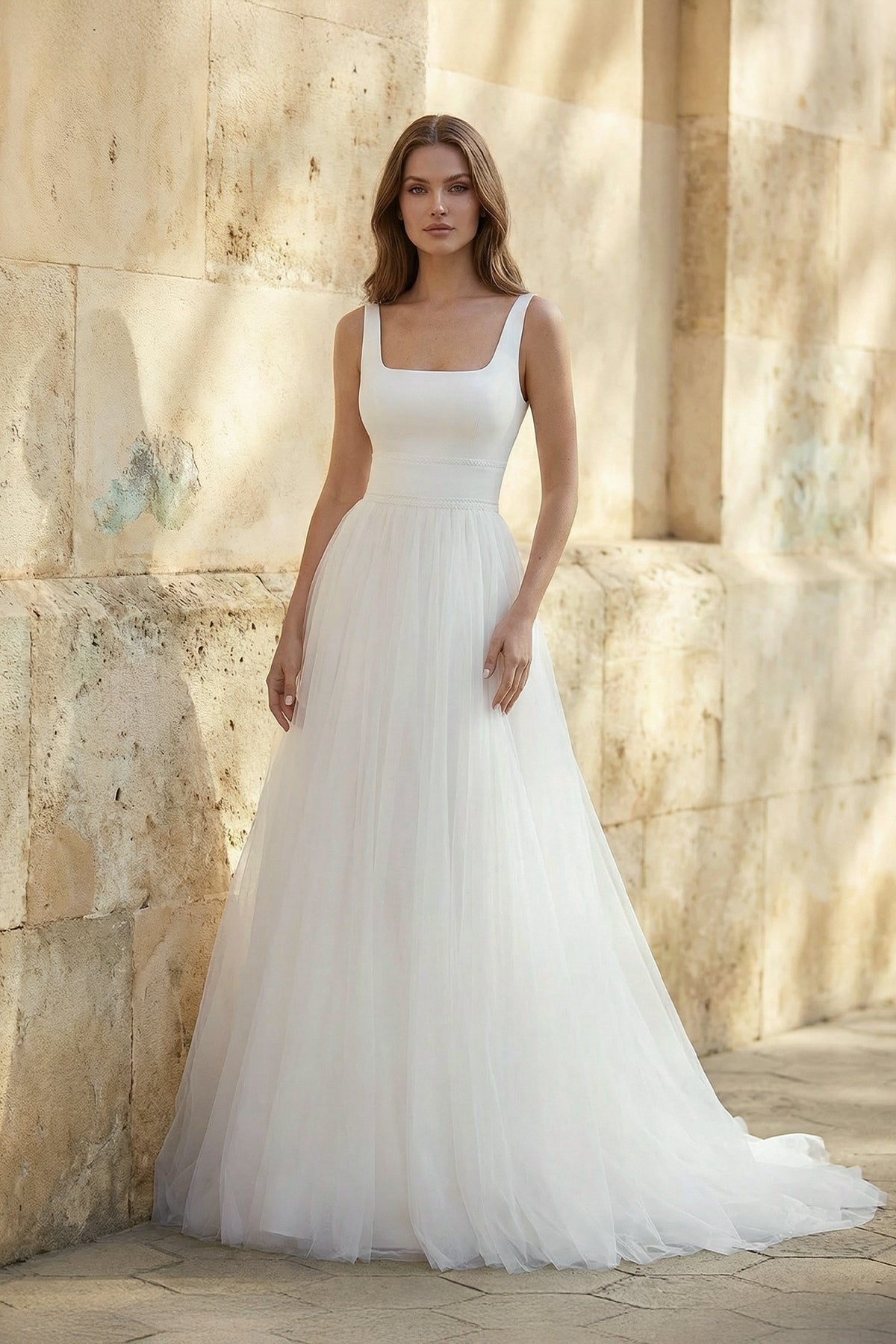 Simple A-Line Minimalist Casual Square Tulle Wedding Dress with Sweep Train, Diamond White / 10