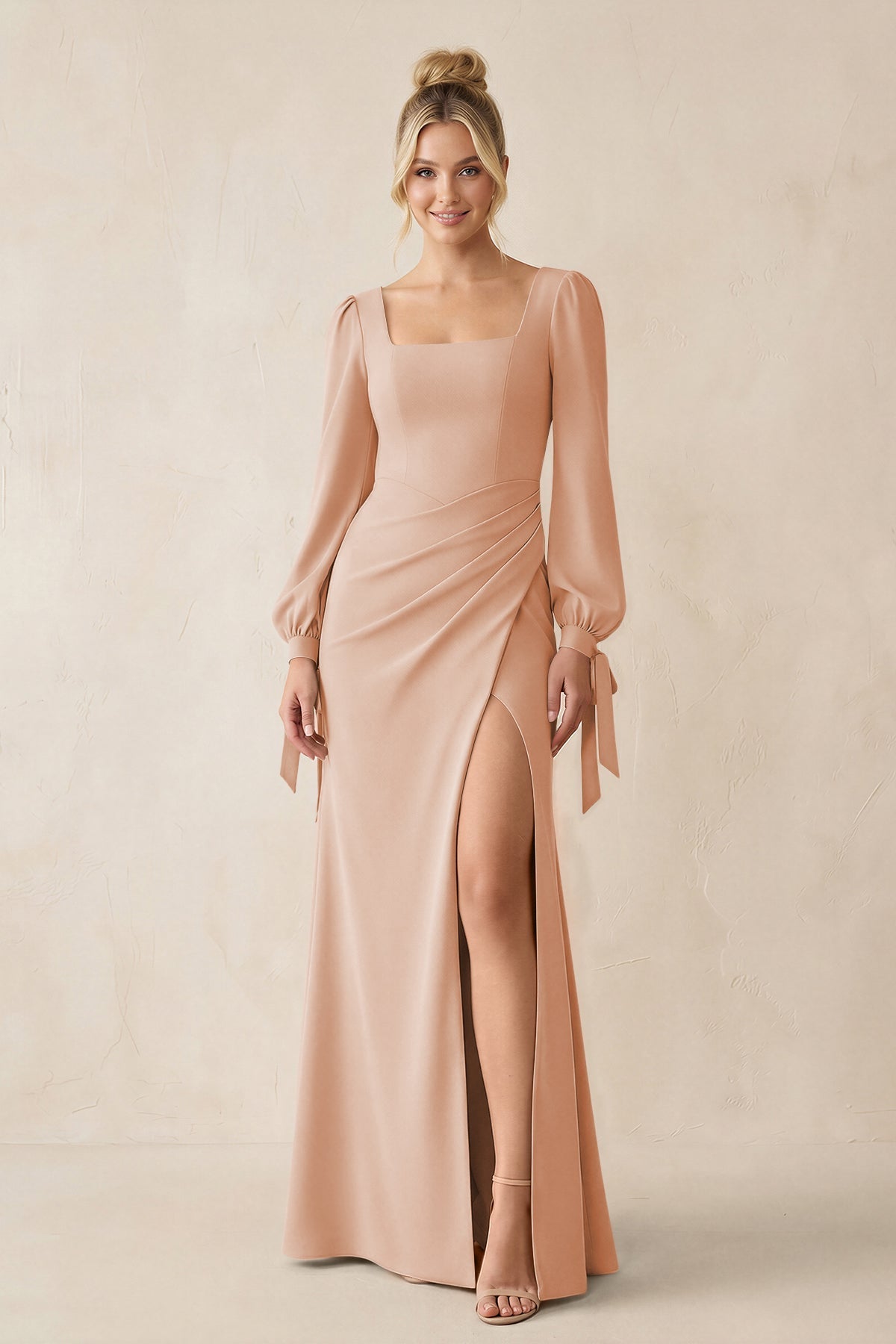 Square Neck Long Sleeve Sheath Chiffon Bridesmaid Dress in Champagne Rose Square Neck Long Sleeve Sheath Chiffon Bridesmaid Dress in Champagne Rose