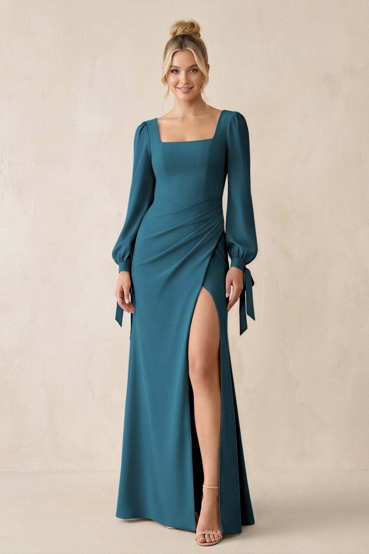 Square Neck Long Sleeve Sheath Chiffon Bridesmaid Dress in Dark Teal Square Neck Long Sleeve Sheath Chiffon Bridesmaid Dress in Dark Teal