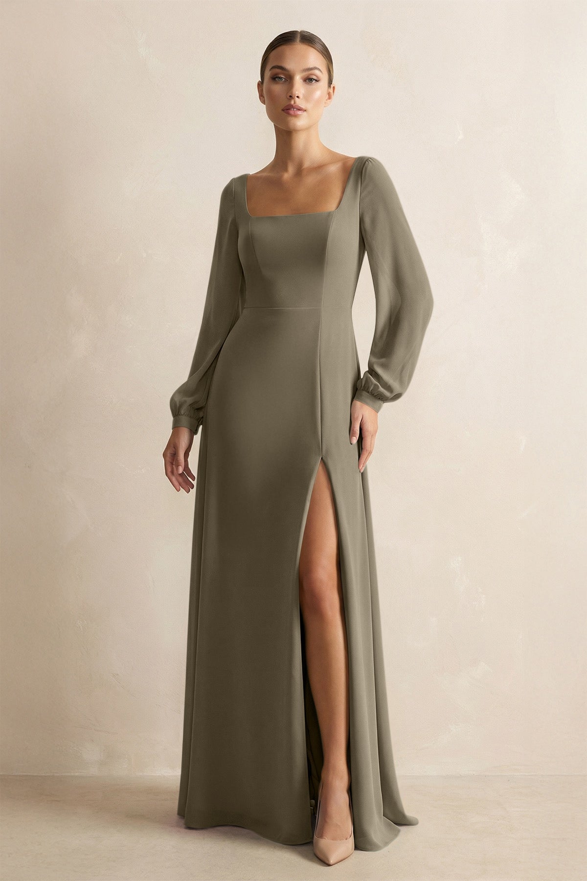 green long sleeve square neck dress Square Neck Long Sleeves Chiffon Sheath Bridesmaid Dress in Willow Green