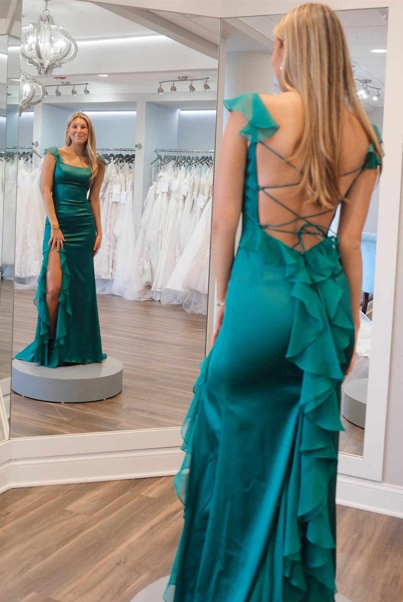 Ailani | Emerald Green Square Neck Ruffle Slit Prom Dress