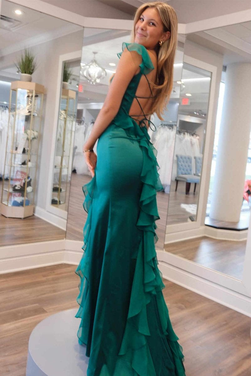 Ailani | Emerald Green Square Neck Ruffle Slit Prom Dress