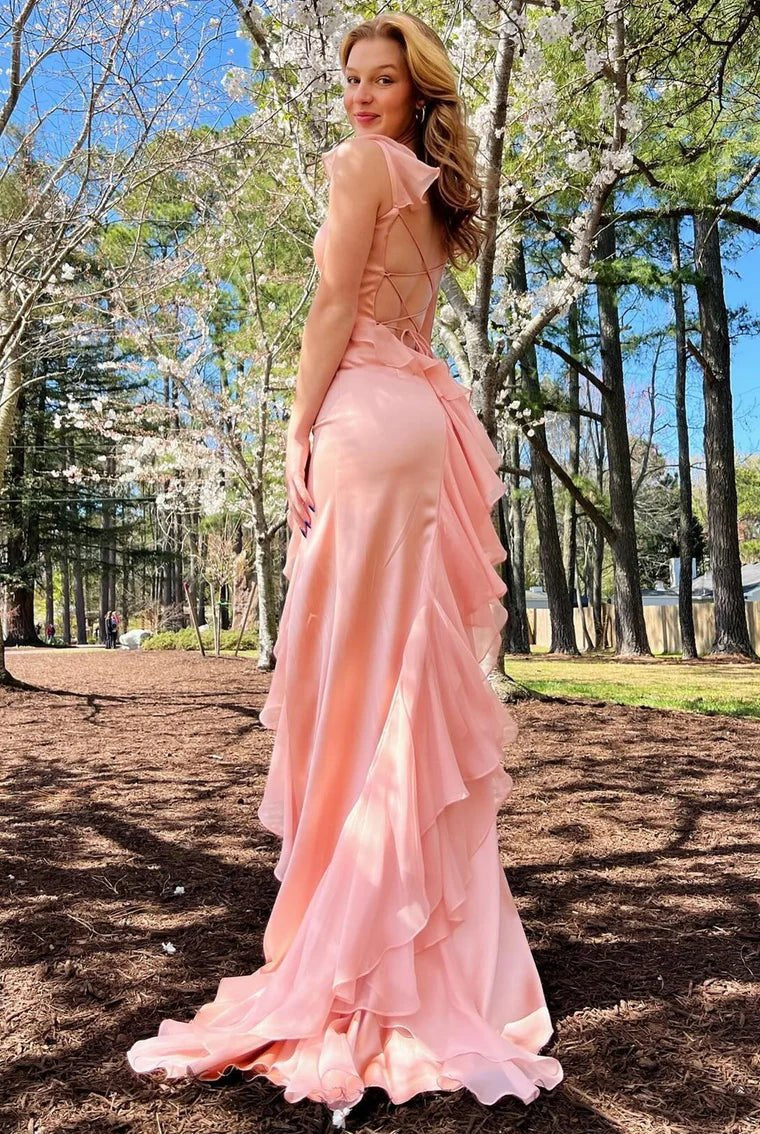 Ailani | Emerald Green Square Neck Ruffle Slit Prom Dress