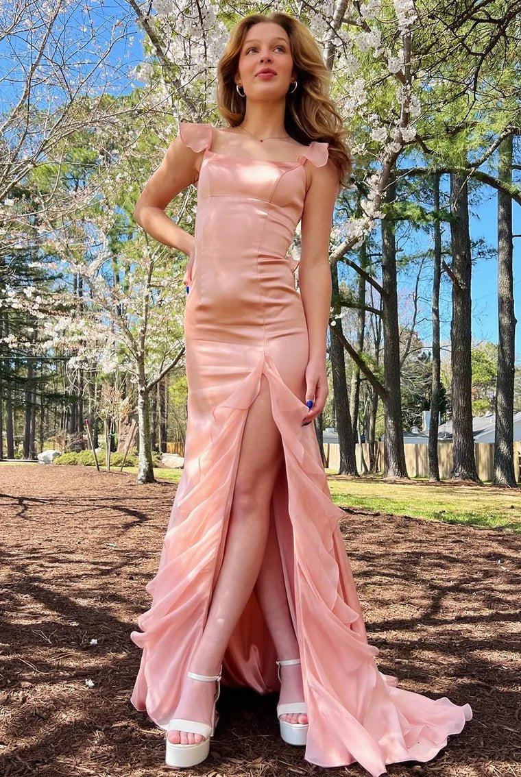 Ailani | Emerald Green Square Neck Ruffle Slit Prom Dress