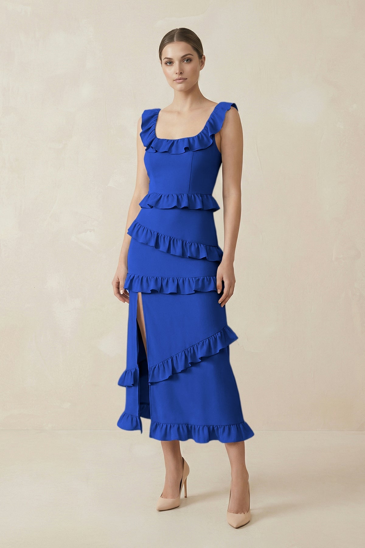 KissProm | Square Neck Ruffled Sheath Satin Midi Bridesmaid Dress in Royal  Blue