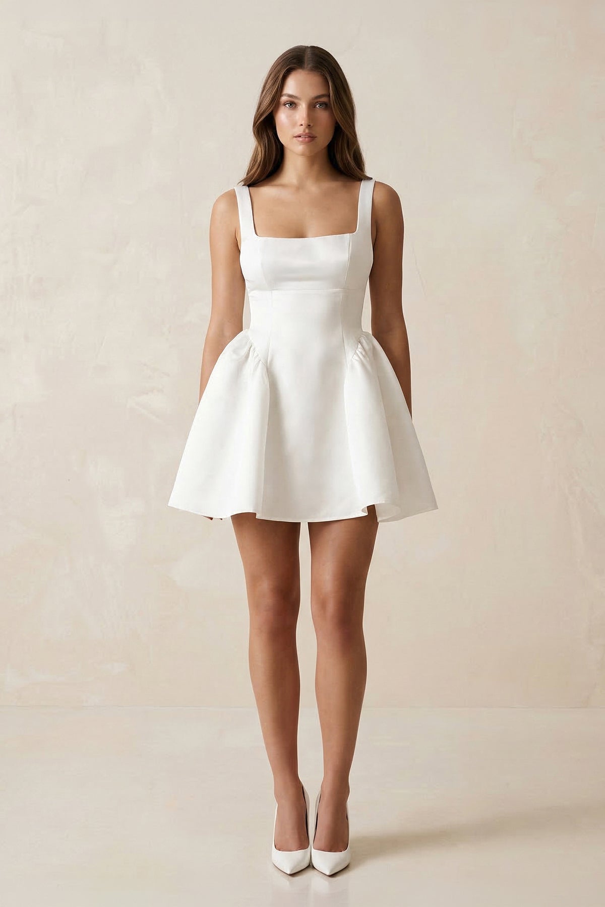Square Neck Satin A-Line Mini Wedding Dress in White, White / 28 Square Neck Satin A-Line Mini Wedding Dress in White, White / 28