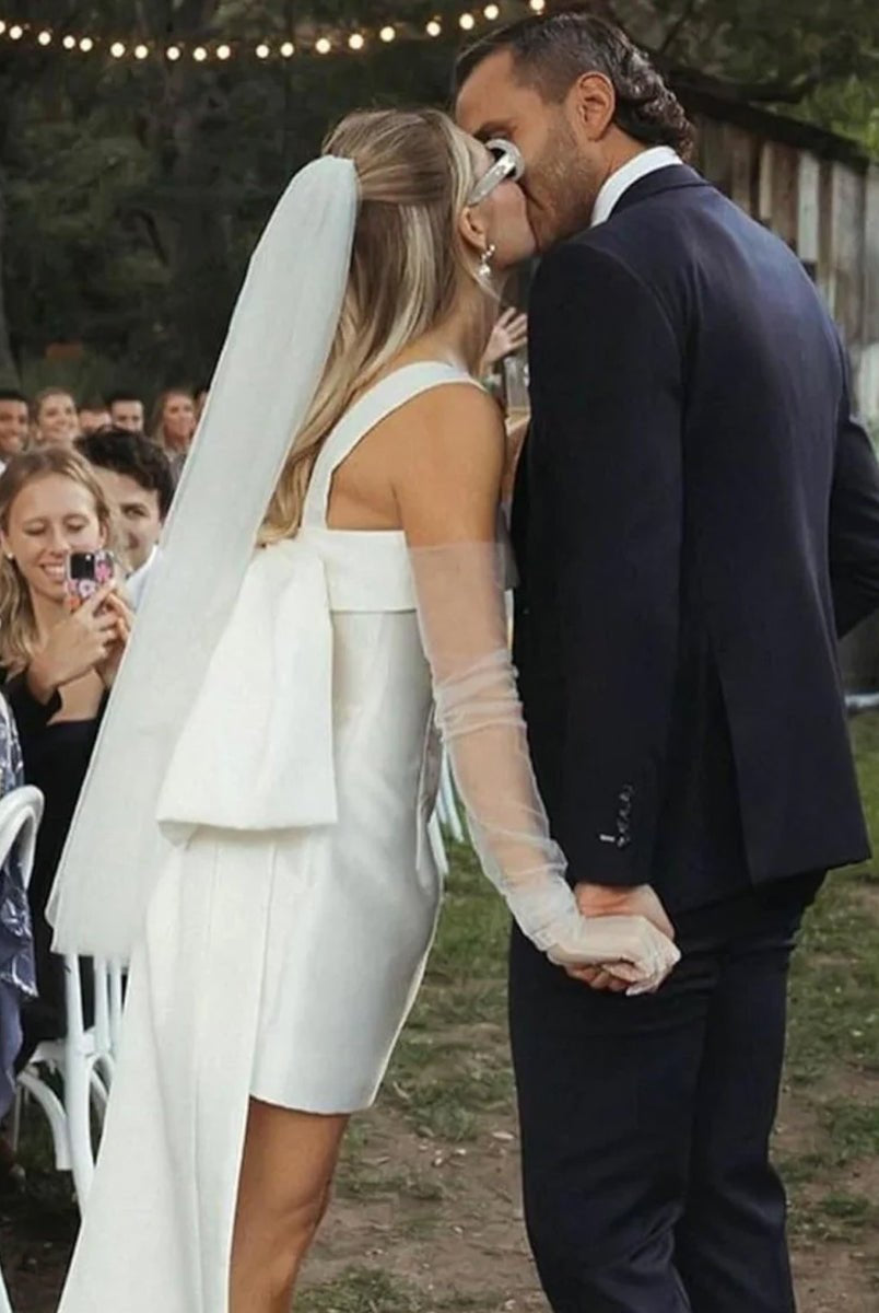 Yvaine | Square Neck White Satin Short Wedding Dress with Bow Back and Veil - KissProm