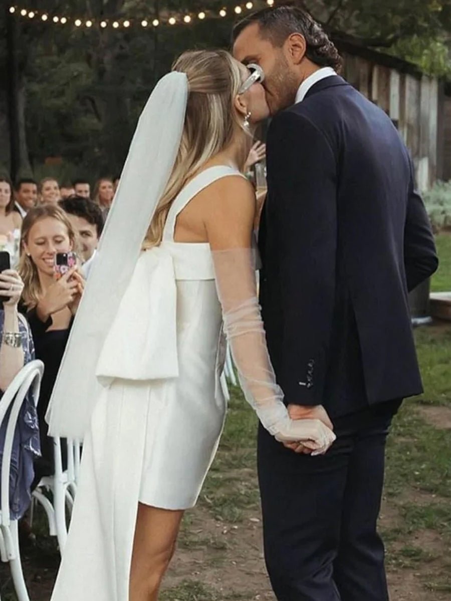 Yvaine | Square Neck White Satin Short Wedding Dress with Bow Back and Veil - KissProm