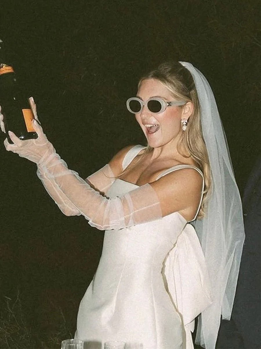 Yvaine | Square Neck White Satin Short Wedding Dress with Bow Back and Veil - KissProm