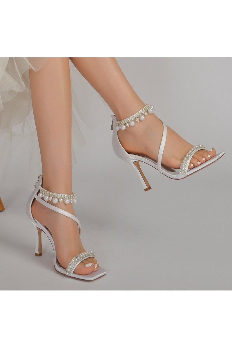 Square Open Toe Pearl Satin Stiletto Heels - KissProm