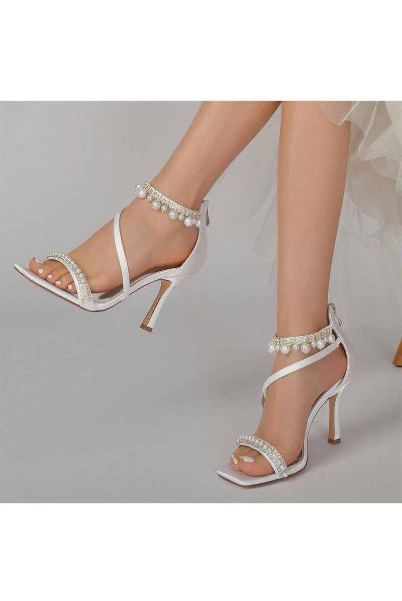 Square Open Toe Pearl Satin Stiletto Heels - KissProm