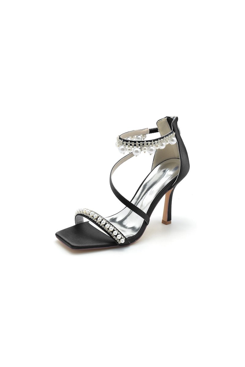 Square Open Toe Pearl Satin Stiletto Heels - KissProm