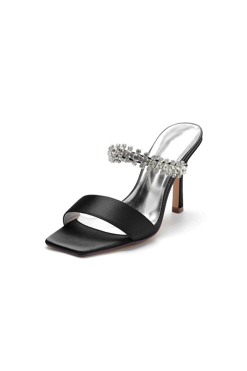 Square Open Toe Rhinestone Strappy Satin Stiletto Heels - KissProm