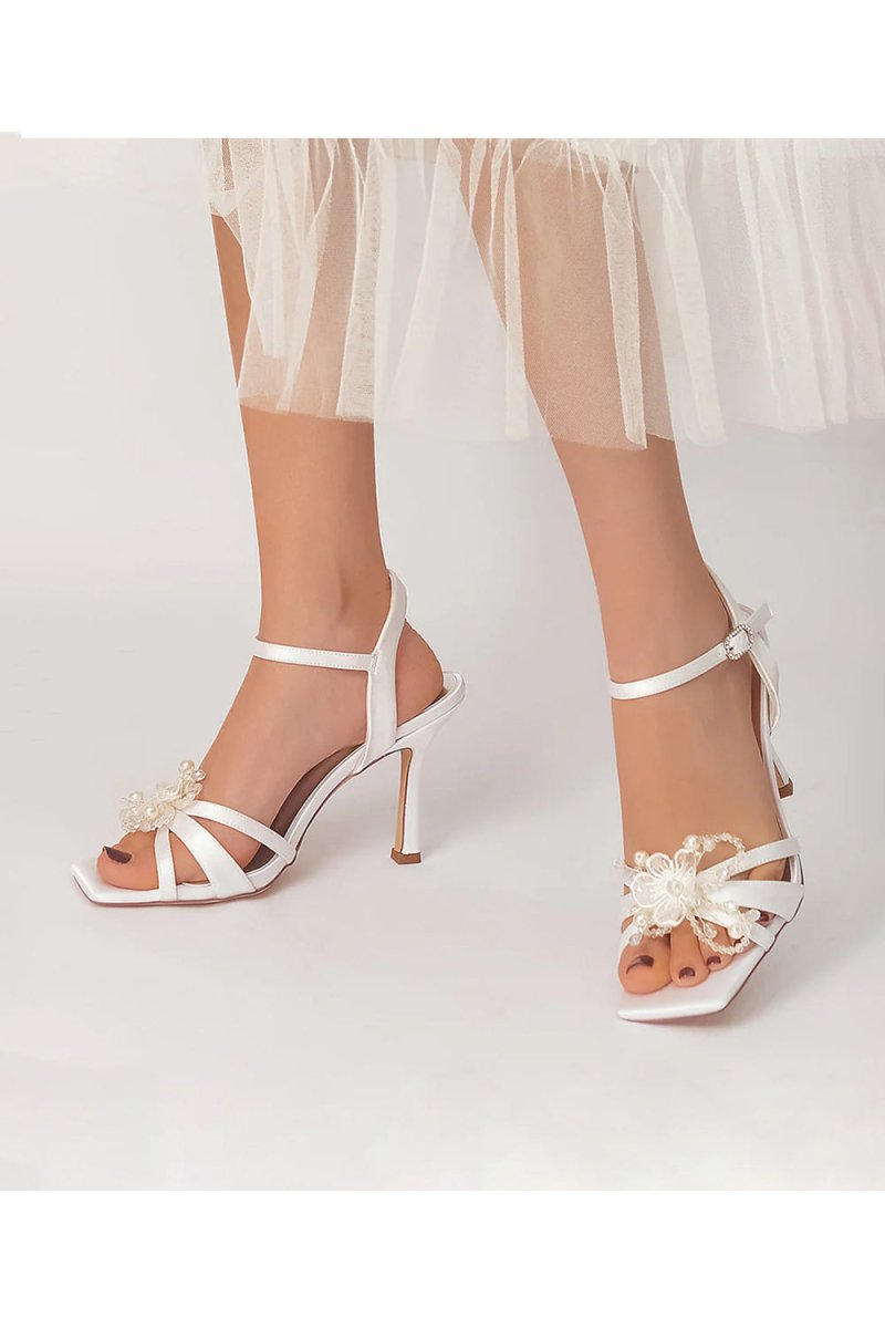 Square Toe Floral Beaded Ankle Strap High Heels - KissProm