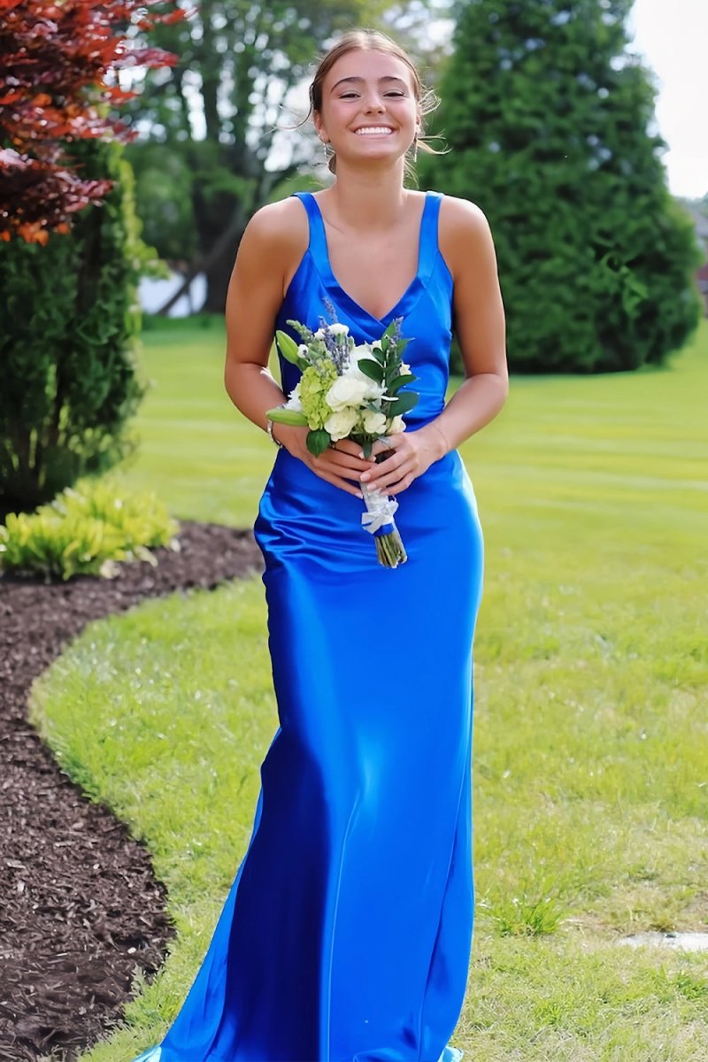 Starlee | Blue - V Neck Yellow Open Back Mermaid Long Prom Dress - KissProm