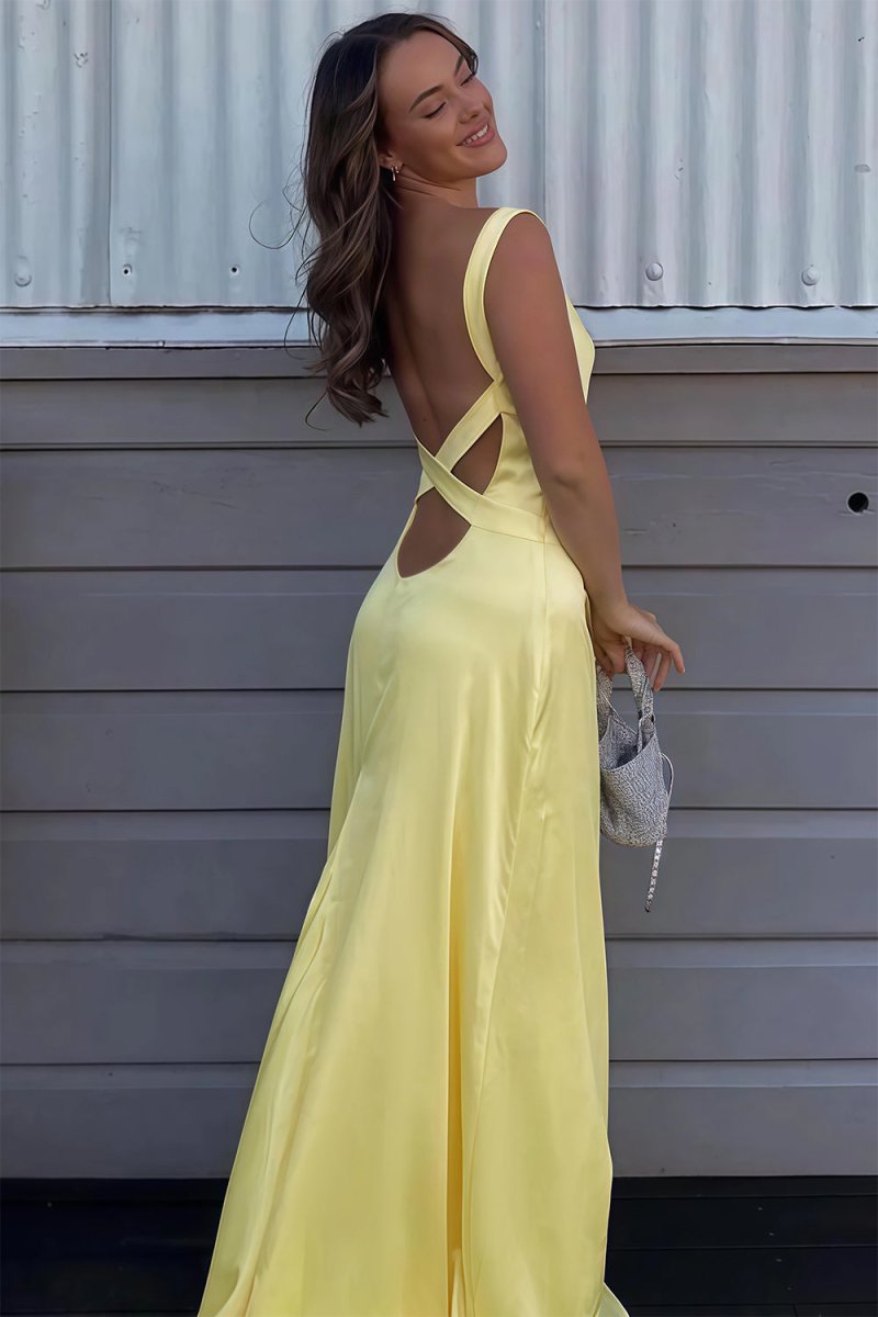 Starlee | Yellow - V Neck Yellow Open Back Mermaid Long Prom Dress - KissProm
