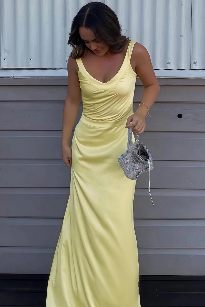Starlee | Yellow - V Neck Yellow Open Back Mermaid Long Prom Dress - KissProm